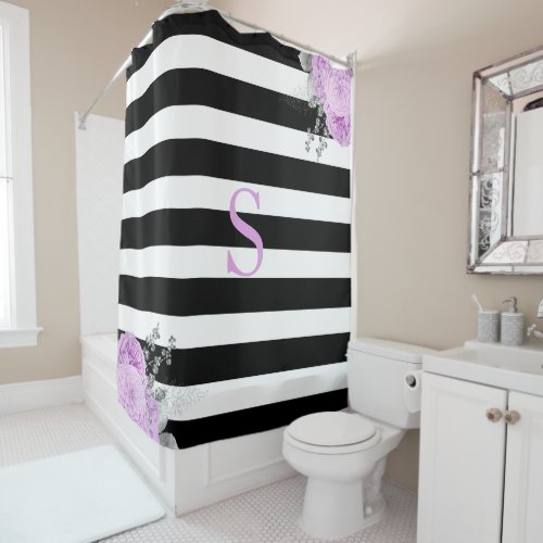 Black White Stripe Lilac Silver Floral Monogram Shower Curtain