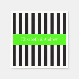 Black White Stripe Lime Ribbon Name Monogram Paper Napkins