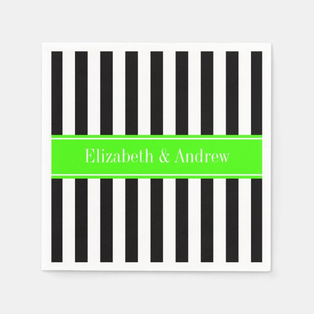 Black White Stripe Lime Ribbon Name Monogram Paper Napkins (Front)