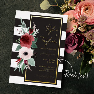 Black & White Stripe Magenta Floral Gold Wedding Foil Invitation
