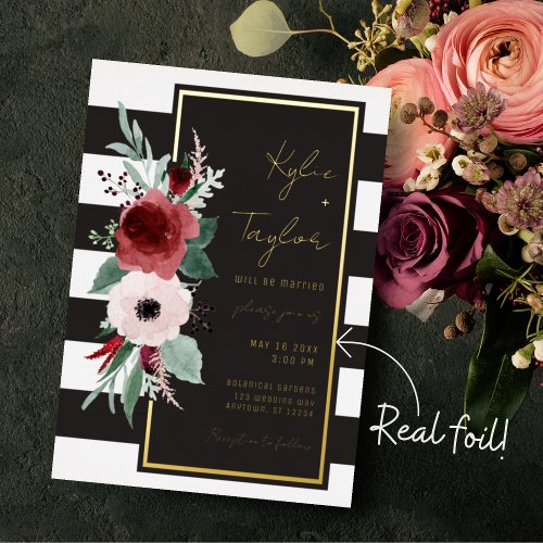 Black  White Stripe Magenta Floral Gold Wedding Foil Invitation