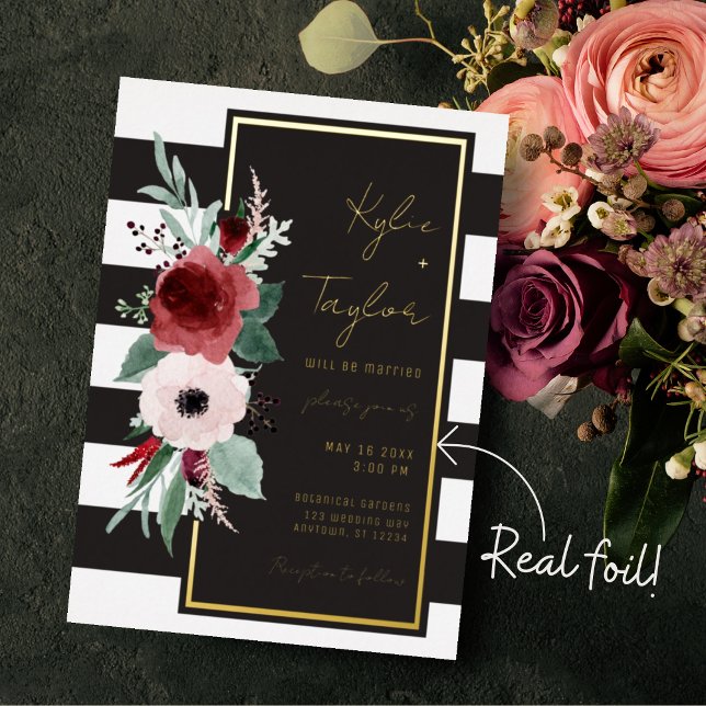 Black & White Stripe Magenta Floral Gold Wedding Foil Invitation (Creator Uploaded)