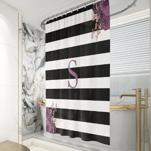 Black White Stripe Mauve Rose Gold Floral Monogram Shower Curtain