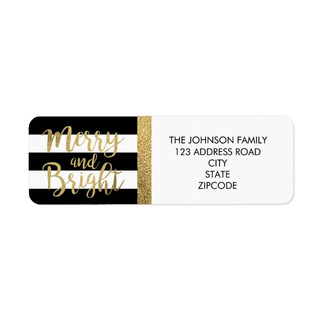 Black & White Stripe "Merry & Bright" Xmas Address Label (Front)