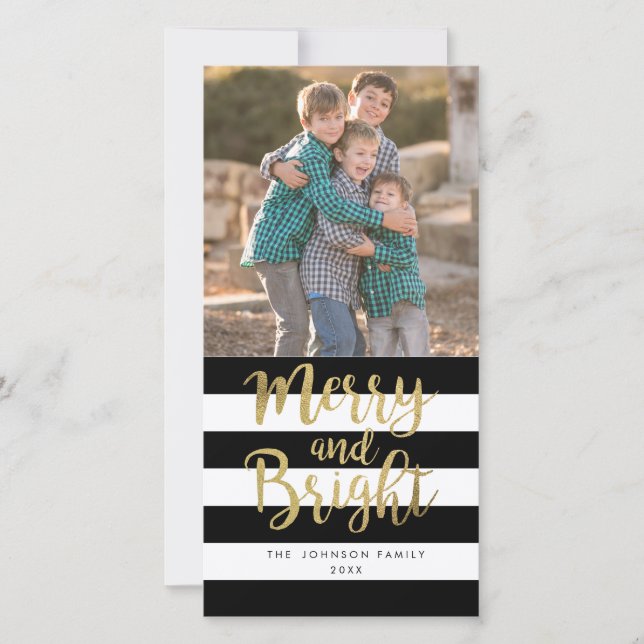 Black & White Stripe "Merry & Bright" Xmas Photo Holiday Card (Front)