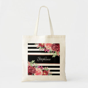 Black White Stripe Modern Floral Personalized Tote Bag