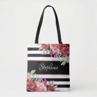 Black White Stripe Modern Floral Personalized