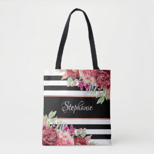 Black White Stripe Modern Floral Personalized Tote Bag