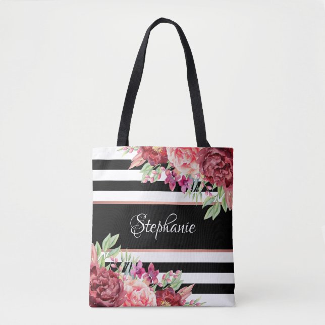 Black White Stripe Modern Floral Personalized Tote Bag (Front)