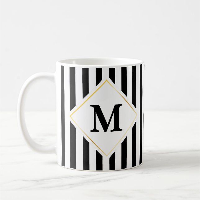 Black White Stripe Monogram Coffee Mug (Left)