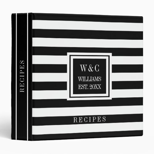 Black White Stripe Monogram Family Name Recipes 3 Ring Binder