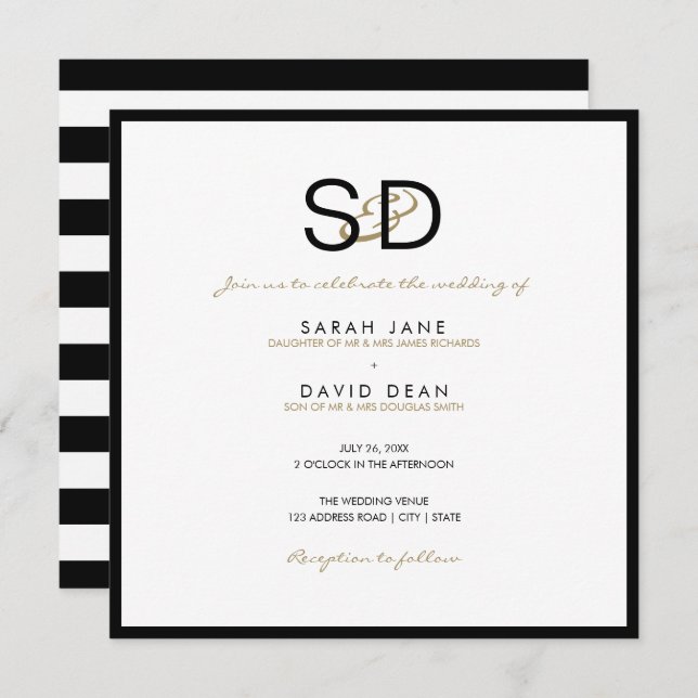 Black & White Stripe Monogram Wedding Invitations (Front/Back)