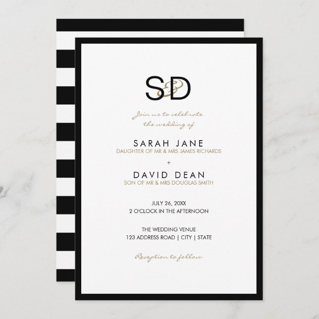 Black & White Stripe Monogram Wedding Invitations (Front/Back)