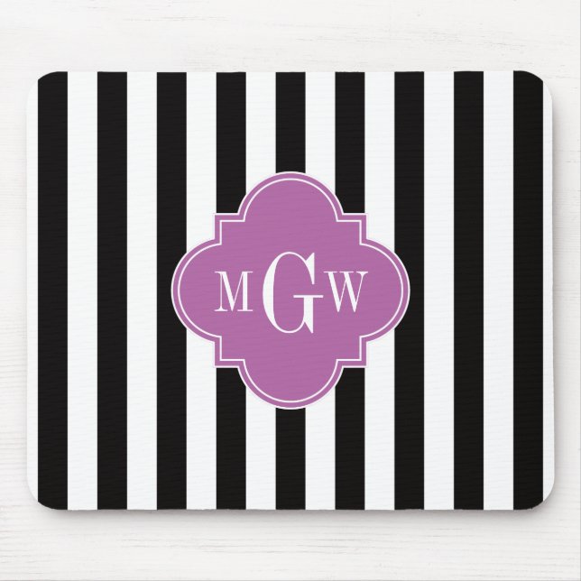 Black White Stripe Orchid Quatrefoil 3 Monogram Mouse Pad (Front)