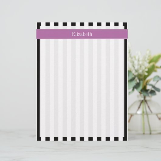 Black White Stripe Orchid Ribbon Name Monogram (Standing Front)