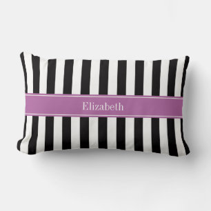 Black White Stripe Orchid Ribbon Name Monogram Lumbar Pillow