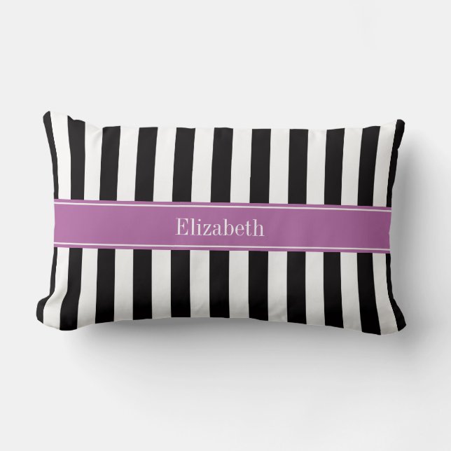 Black White Stripe Orchid Ribbon Name Monogram Lumbar Pillow (Front)