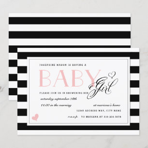 Black & White Stripe Pale Pink Girl Baby Shower Invitation
