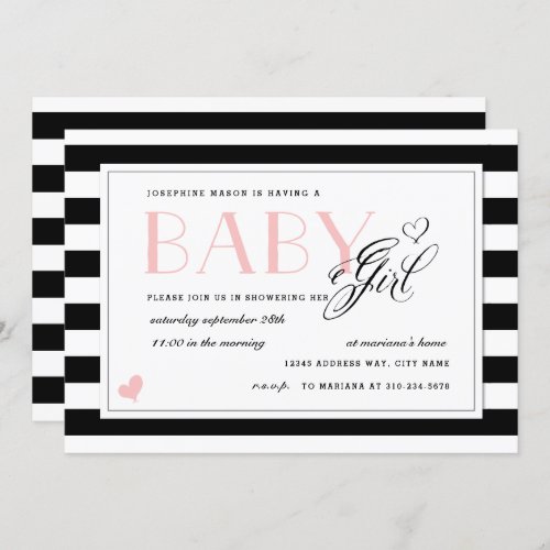 Black  White Stripe Pale Pink Girl Baby Shower Invitation