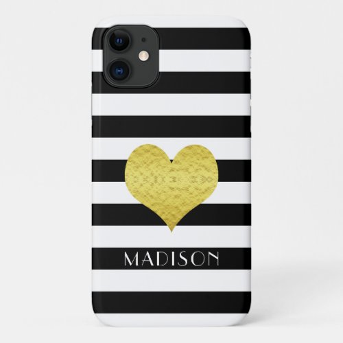 Black White Stripe Pattern Gold Heart Name iPhone 11 Case