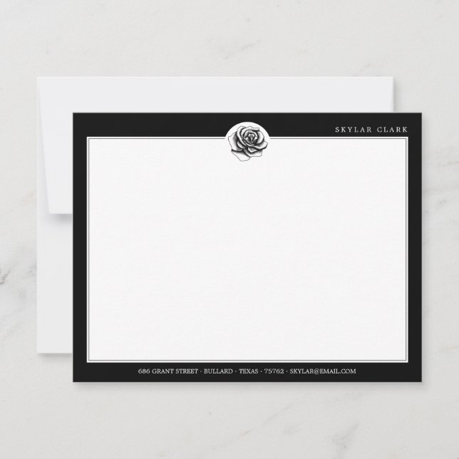 Black & White Stripe Pattern & Modern Rose Note Card (Front)