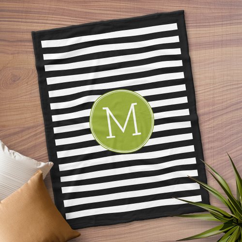 Black White Stripe Pattern Preppy Green Monogram Fleece Blanket