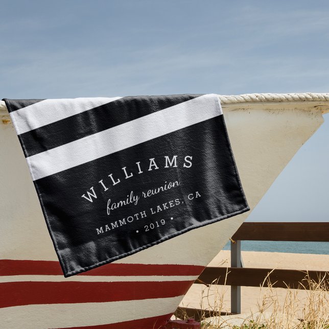 Black & White Stripe Personalized Family Reunion Beach Towel (Creator Uploaded)