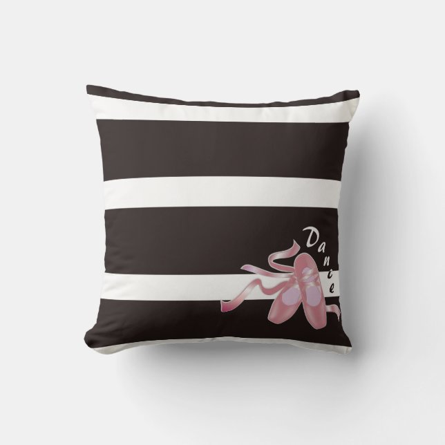 Black & White Stripe, Pink Ballet Pointe Shoes Throw Pillow (Front)