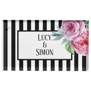 Black & White Stripe Pink Floral Wedding Place Card Holder