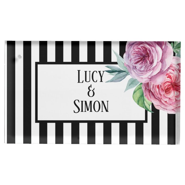 Black & White Stripe Pink Floral Wedding Place Card Holder (Front)