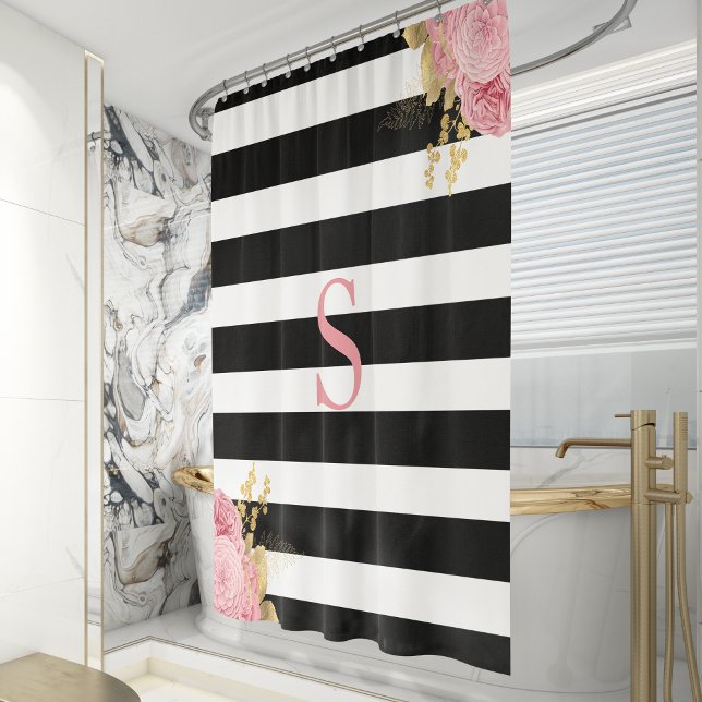 Black White Stripe Pink Gold Floral Monogram Shower Curtain (Creator Uploaded)