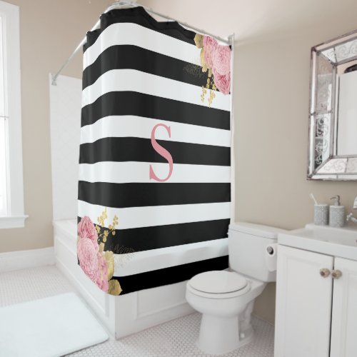 Black White Stripe Pink Gold Floral Monogram Shower Curtain
