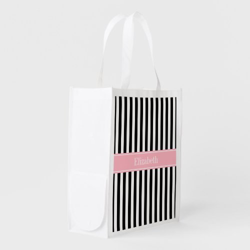 Black White Stripe Pink Name Monogram Reusable Grocery Bag