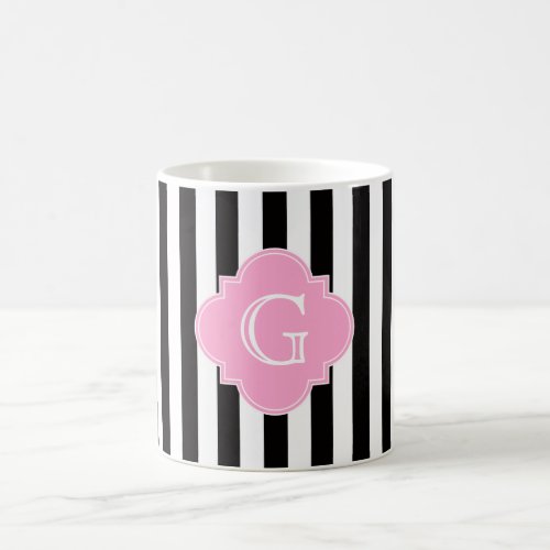 Black White Stripe Pink Quatrefoil Monogram Coffee Mug