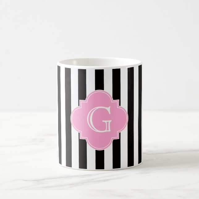 Black White Stripe, Pink Quatrefoil Monogram Coffee Mug (Center)