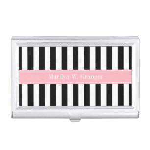 Black White Stripe Pink Ribbon Name Monogram Business Card Holder