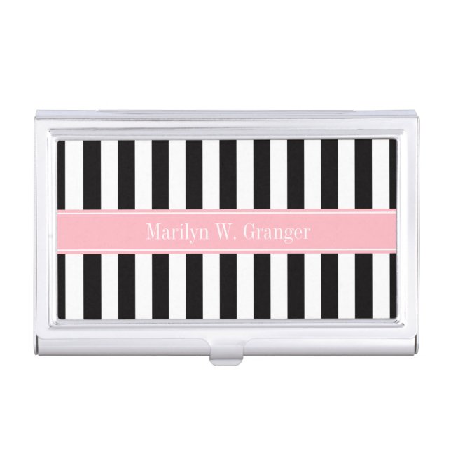Black White Stripe Pink Ribbon Name Monogram Business Card Holder (Front)