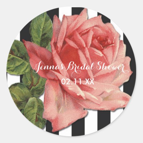 Black White Stripe  Pink Rose Wedding Favor Classic Round Sticker