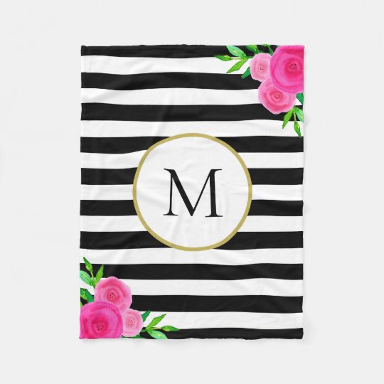 Black White Stripe Pink Watercolor Floral Monogram Fleece Blanket