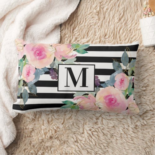 Black White Stripe Pink Watercolor Floral Monogram Lumbar Pillow