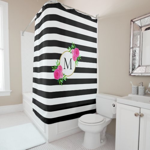 Black White Stripe Pink Watercolor Floral Monogram Shower Curtain