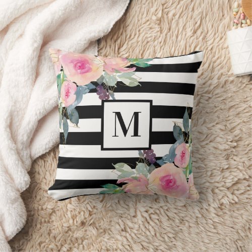 Black White Stripe Pink Watercolor Floral Monogram Throw Pillow