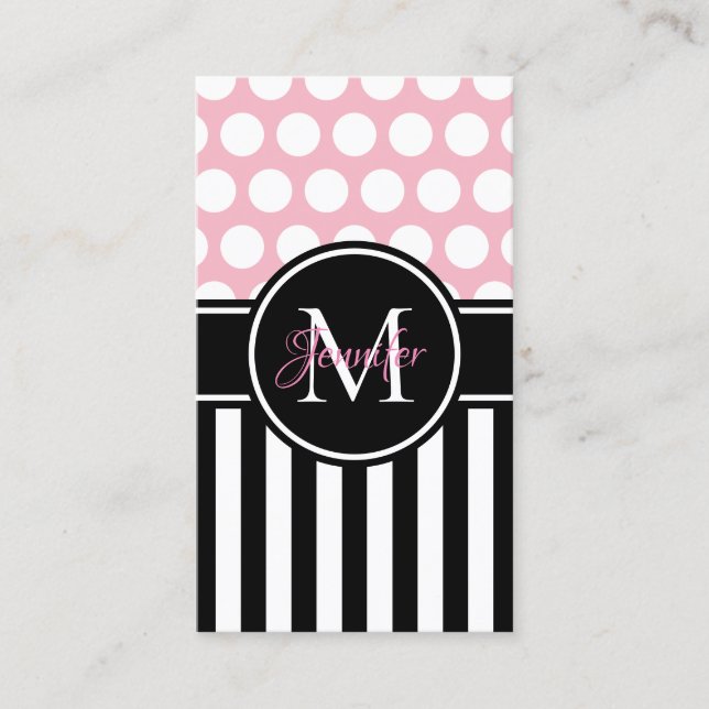 Black White Stripe Polka Dot Pale Pink Monogram Business Card (Front)