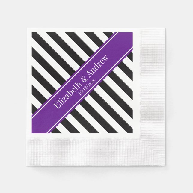 Black White Stripe Purple Ribbon Name Monogram Paper Napkins (Front)
