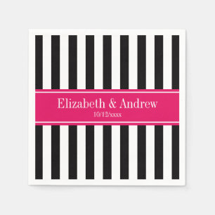 Black White Stripe Raspberry Ribbon Name Monogram Napkins