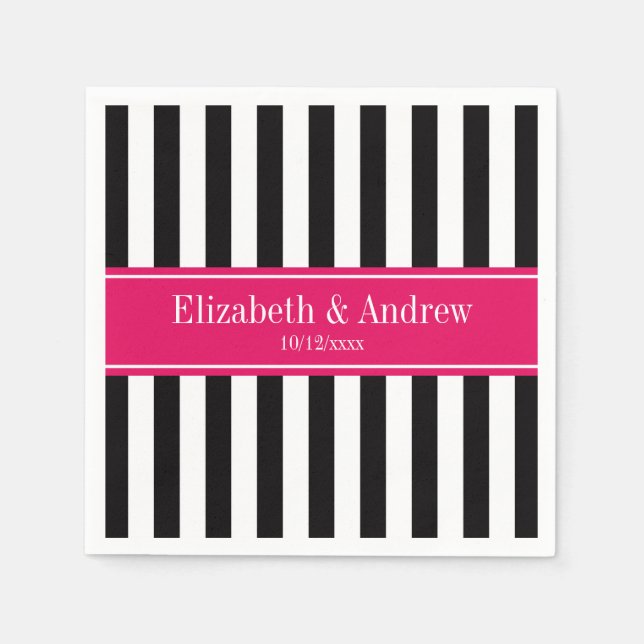 Black White Stripe Raspberry Ribbon Name Monogram Napkins (Front)