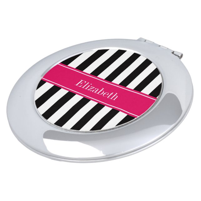 Black White Stripe Raspberry Ribbon Name Monogram Vanity Mirror (Turned)