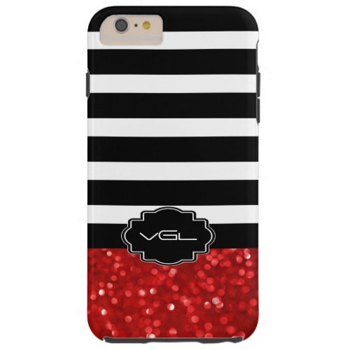 Black  White Stripe  Red Glitter Tough iPhone 6 Plus Case