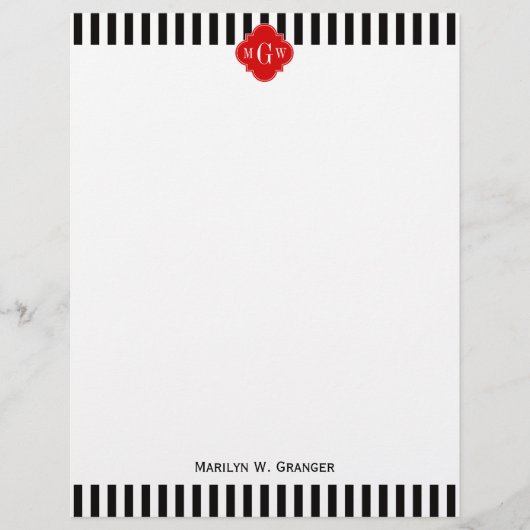 Black White Stripe Red Quatrefoil 3 Monogram (Front)
