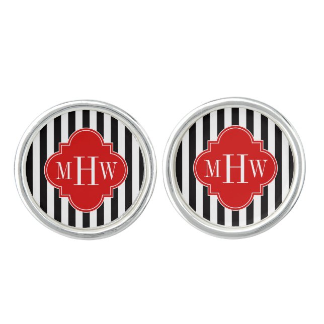 Black White Stripe Red Quatrefoil 3 Monogram Cufflinks (Front)